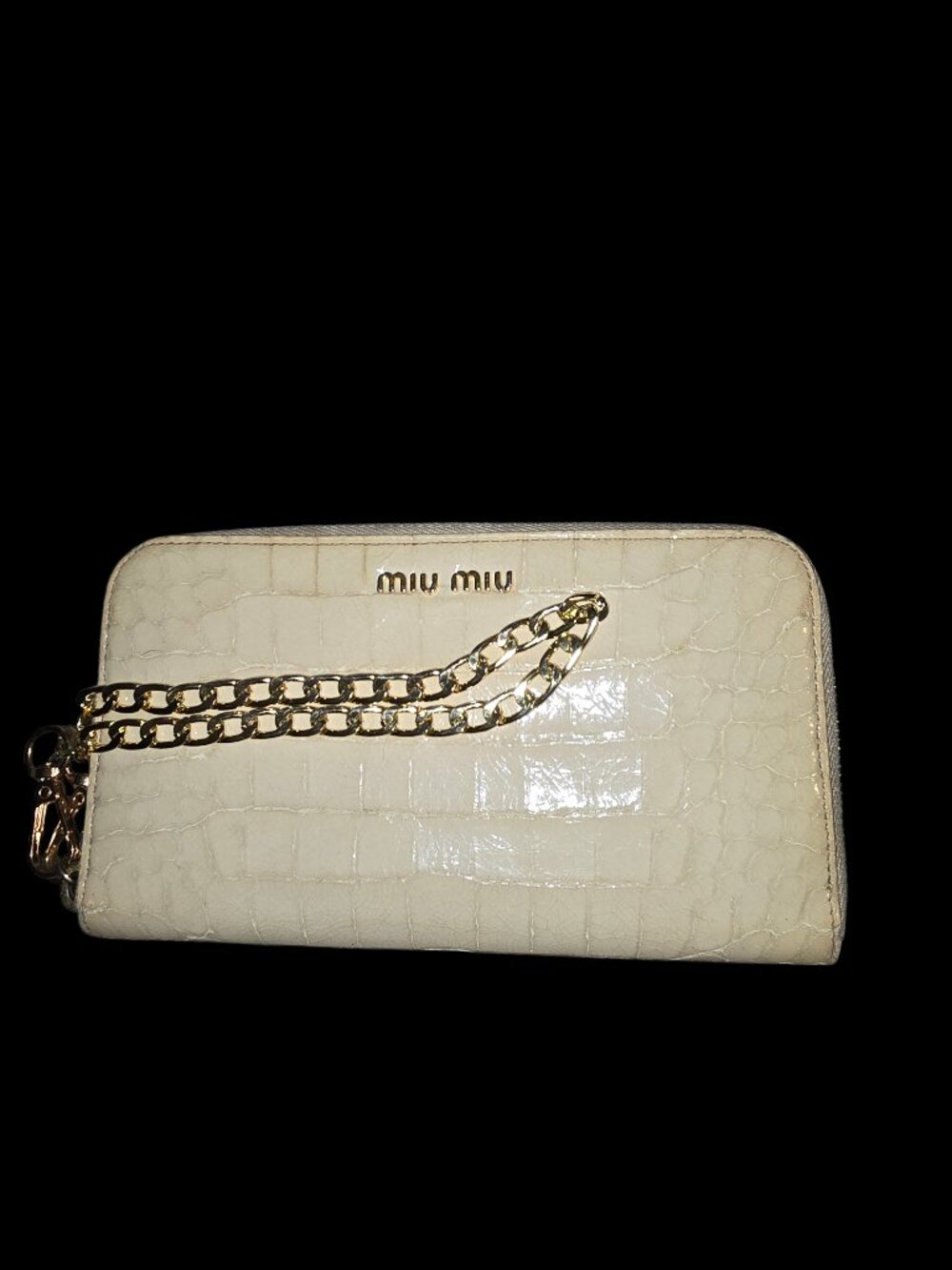 Authentic Miu Miu Croc-Embossed Zip-Around Long Wallet with Chain – Cream/Off-Wh